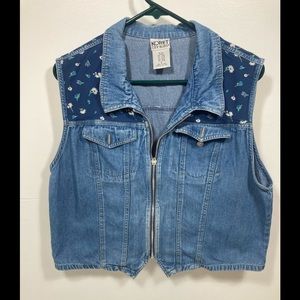 Vintage Koret City Blues Denim Jean Button Vest Upper  Floral  Large.